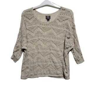 Jeans by Buffalo Womens Open Knit Crochet Tan 3/4 Dolman Sleeve Sweater Size XS